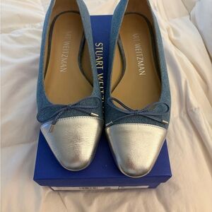 Stuart Weitzman Denim Blue Flats with Metallic Silver Cap Toe